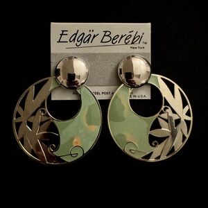 NWT Edgar Berebi Vintage 80s Giant Earrings Green Silver Epic